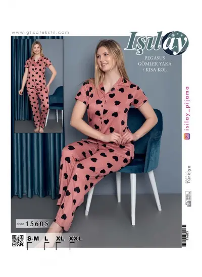 Pembe Kısa Kol Gömlek Yaka Pijama Takım