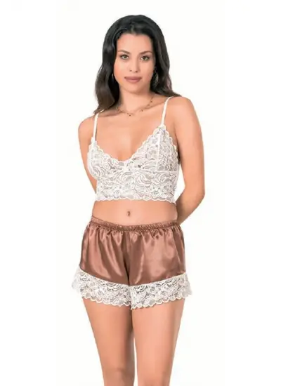 Kadın Bralet Saten Babydoll Şort Takım