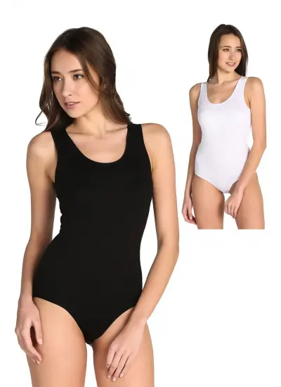 Kadın Siyah Beyaz Kalın Askılı Likralı Kancalı Çıtçıtlı Body 6'lı Tkd0149-s