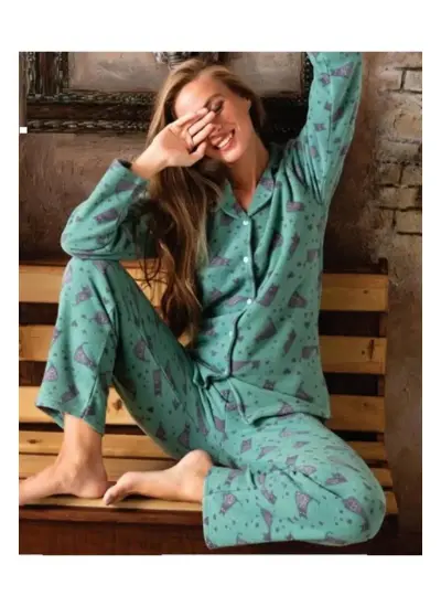 Kadın Gömlek Önden Düğmeli Polar Desenli Pijama Takımı P200/353 - 1 Adet