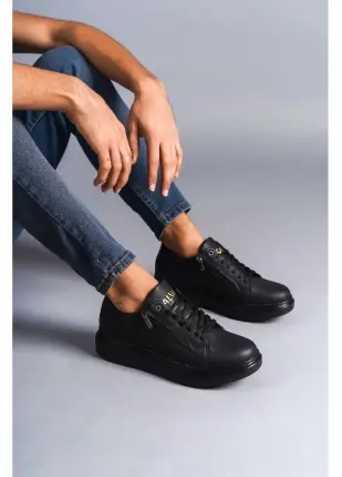 SLW155 Impact Bağcıklı ve Fermuarlı Cilt Erkek Günlük Sneaker Ayakkabı ST Siyah