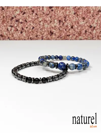 Naturel Tılsım Doğal Taş Lapis Lazuli Hematit Oniks Kombin Bileklik Unisex Bileklik Erkek Bileklik - Kadın Bileklik