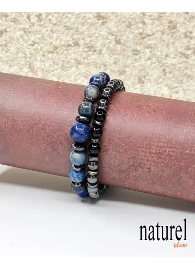 Naturel Tılsım Doğal Taş Lapis Lazuli Hematit Oniks Kombin Bileklik Unisex Bileklik Erkek Bileklik - Kadın Bileklik