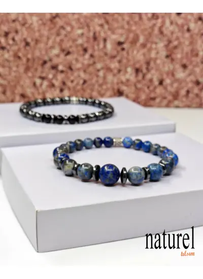 Naturel Tılsım Doğal Taş Lapis Lazuli Hematit Oniks Kombin Bileklik Unisex Bileklik Erkek Bileklik - Kadın Bileklik