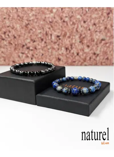 Naturel Tılsım Doğal Taş Lapis Lazuli Hematit Oniks Kombin Bileklik Unisex Bileklik Erkek Bileklik - Kadın Bileklik