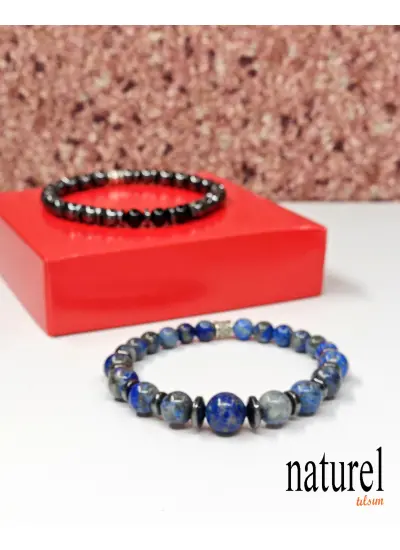 Naturel Tılsım Doğal Taş Lapis Lazuli Hematit Oniks Kombin Bileklik Unisex Bileklik Erkek Bileklik - Kadın Bileklik