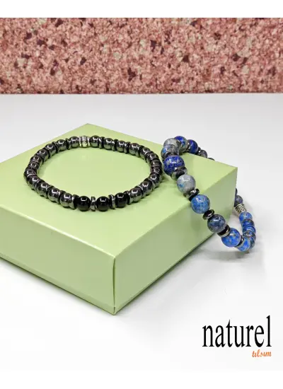 Naturel Tılsım Doğal Taş Lapis Lazuli Hematit Oniks Kombin Bileklik Unisex Bileklik Erkek Bileklik - Kadın Bileklik