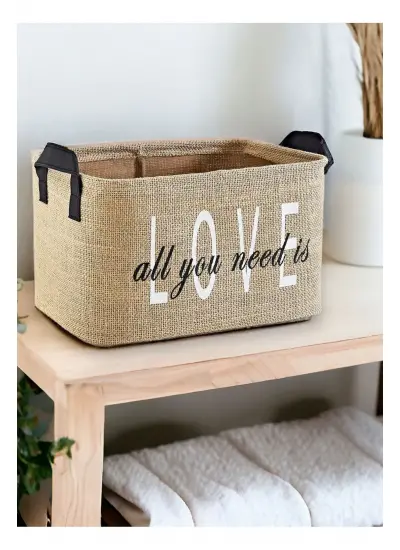 Love Baskılı Jüt Dolap Içi Çocuk Odası Oyuncak Düzenleyici Katlanır Saklama Sepeti Organizer30x22x18