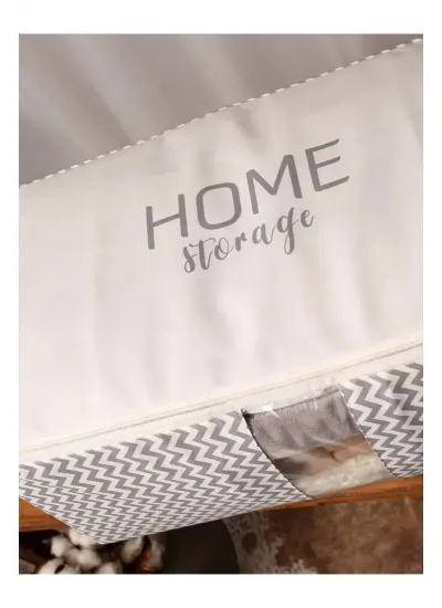 Yıkanabilir Pamuklu Home Storage Yazılı Gri Balık Sırtı Çizgili Gri Düzenleyici Hurç 22x46x62cm D71