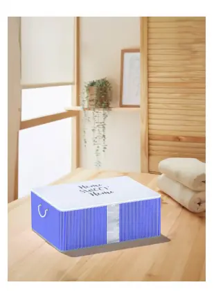 - Yıkanabilir Pamuklu Home Sweet Home Yazılı Mavi Dikey Çizgili Hurç 22x46x62cm D10