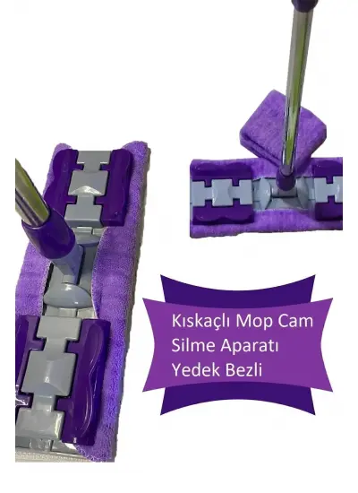 Kıskaçlı Cam Silme Mopu Mikrofiber Yedek Bezli Yer Duvar Fayans Silme Mopu