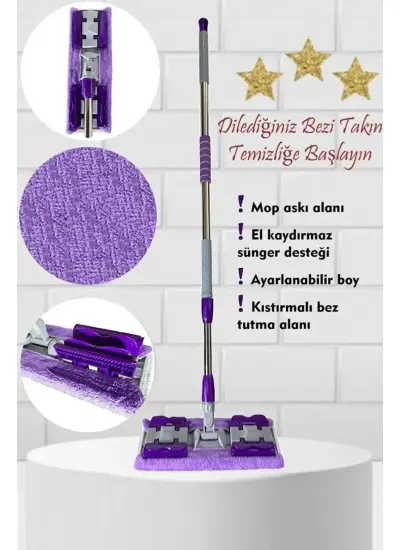 Sihirli Teleskobik Mop Yedek Bez Hediyeli Yer Mopu Fayans Duvar Yüzey Temizlik Mikrofiber Paspas