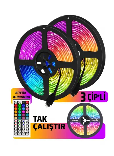 5Mt 3 ÇİP Şerit Animasyonlu Tak Çalıştır Kumandalı Trafolu Rgb Şerit Işık Aydınlatma Parti Led