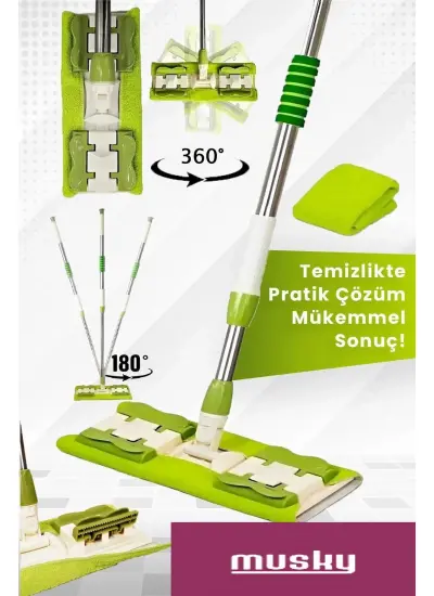 Mikrofiber Mandallı Yeşil Renkli Mop 360°c Döner Başlıklı (1 Adet Yedek Mop Bezi Hediye)