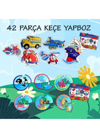 12 Set - 42 Parça  Deniz Canlıları ve Ulaşım Araçları 2+ Keçe Yapboz - 2 Yaş Puzzle