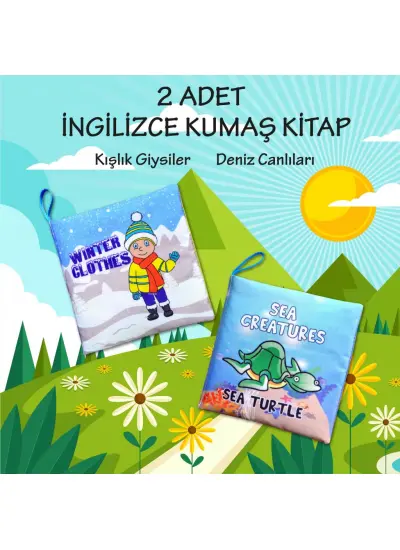 2 Kitap  İngilizce Kışlık Giysiler ve Deniz Canlıları Kumaş Sessiz Kitap