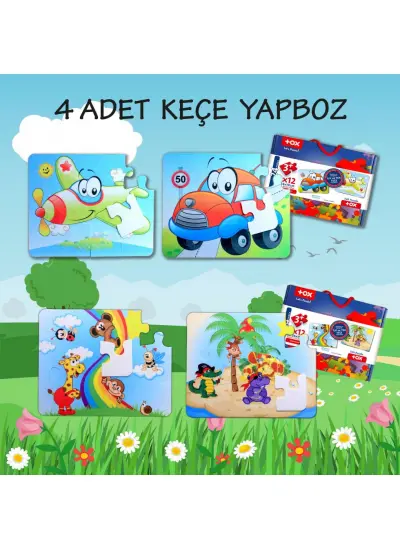 4 Set - 48 Parça  Uçak, Araba ve Gökkuşağı 3+ Keçe Yapboz - 3 Yaş Puzzle