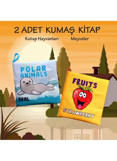 2 Kitap  İngilizce Kutup Hayvanları ve Meyveler Kumaş Sessiz Kitap