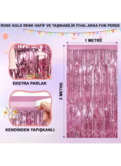 Rose Gold Renk Ekstra Metalize Parlak Saçaklı Arka Fon Perde İthal A Kalite 1x2 Metre