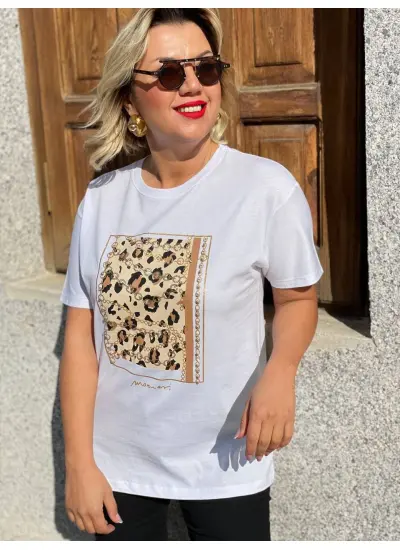 Leopar Desen Parlak Taş İşlemeli Pamuklu Doku T-shirt Likralı