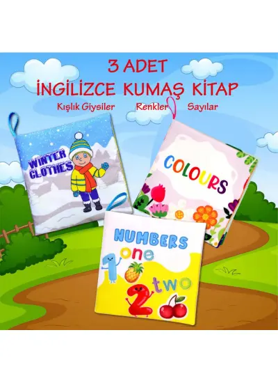 3 Kitap  İngilizce Kışlık Giysiler , Renkler ve Rakamlar Kumaş Sessiz Kitap