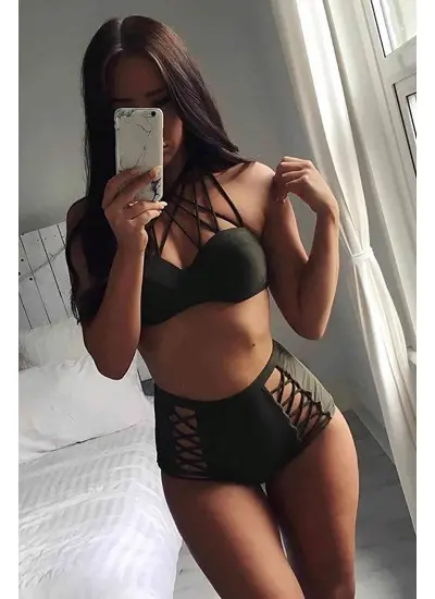 Yüksek Bel Şık Bikini Takım Haki