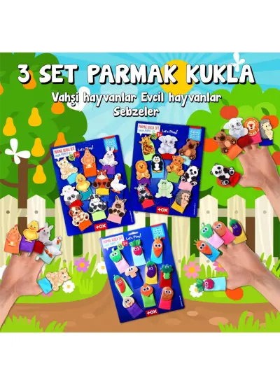 3 Set - 30 Parça  Evcil , Vahşi Hayvanlar ve Sebzeler Parmak Kukla