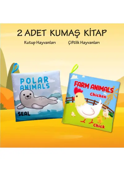 2 Kitap  İngilizce Kutup Hayvanları ve Çiftlik Hayvanları Kumaş Sessiz Kitap