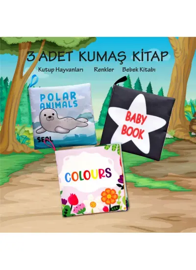 3 Kitap  İngilizce Kutup Hayvanları , Renkler ve Siyah Beyaz Bebek Kumaş Sessiz Kitap