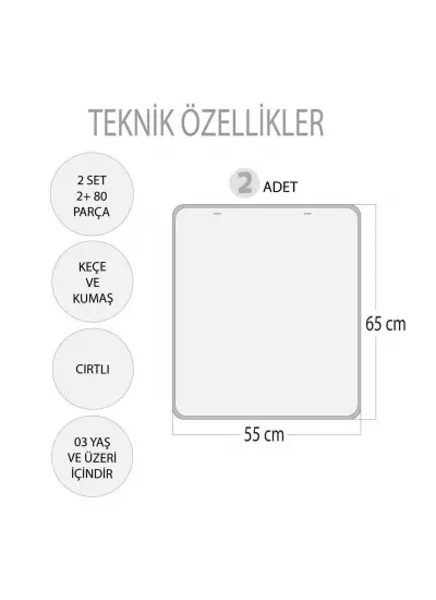 2 Set - 80 Parça  Evcil ve Vahşi Parça Birleştirme Oyunu Keçe Cırtlı Duvar Panoları , Eğitici Oyuncak