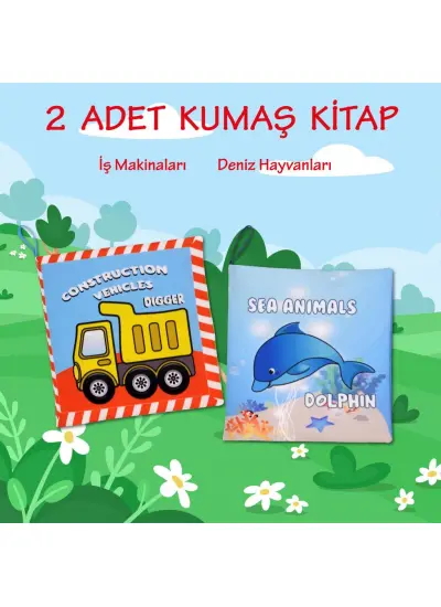 2 Kitap  İngilizce İş Makinaları ve Deniz Canlıları Kumaş Sessiz Kitap