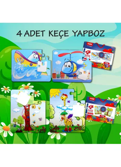 4 Set - 48 Parça  Tekne , Helikopter ve Zürafa 3+ Keçe Yapboz - 3 Yaş Puzzle