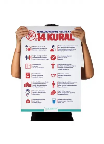 Koronavirüse Karşı 14 Kural Afişi Kendinden Yapışkanlı Folyo 35X50