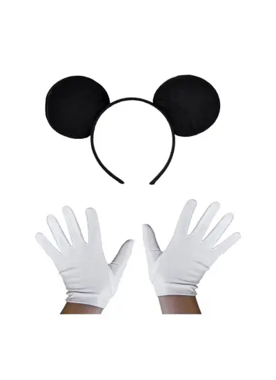 Siyah Mickey Mouse Tacı ve Beyaz Eldiven Seti