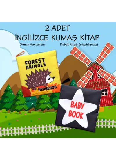 2 Kitap  İngilizce Orman Hayvanları ve Siyah Beyaz Bebek Kumaş Sessiz Kitap