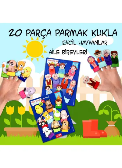 2 Set - 20 Parça  Evcil Hayvanlar ve Aile Bireyleri Parmak Kukla