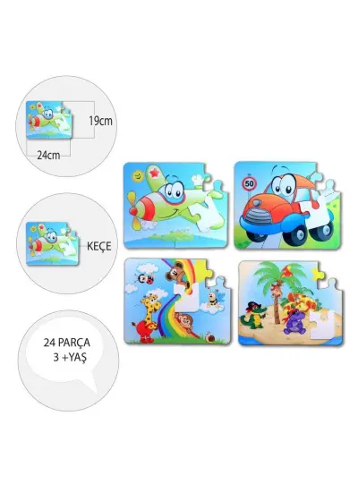 4 Set - 48 Parça  Uçak, Araba ve Gökkuşağı 3+ Keçe Yapboz - 3 Yaş Puzzle