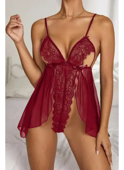 SİA Bordo Dantel Özel Tasarım Bodysuit Gecelik 15523