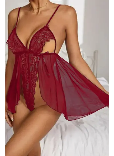 SİA Bordo Dantel Özel Tasarım Bodysuit Gecelik 15523