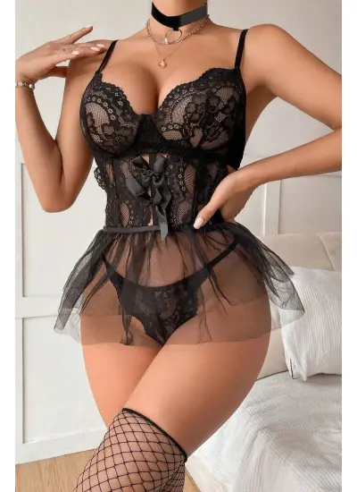 SİA Siyah Dantelli Transparan Babydoll 18515