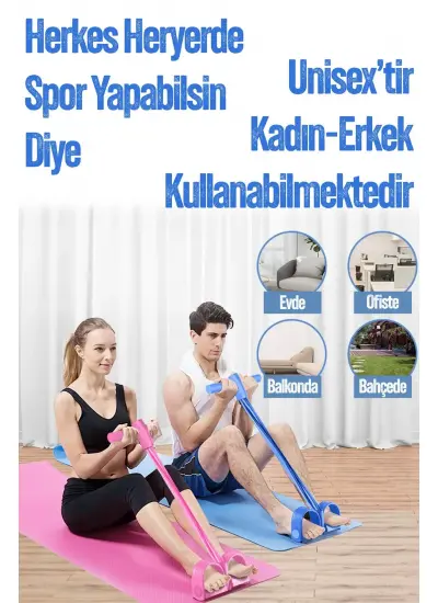 4 Lastik Body Shaper Karın Kol Jimnastik Egzersiz Mekik Çekme Evde Spor Kondisyon Kürek Aleti Mavi