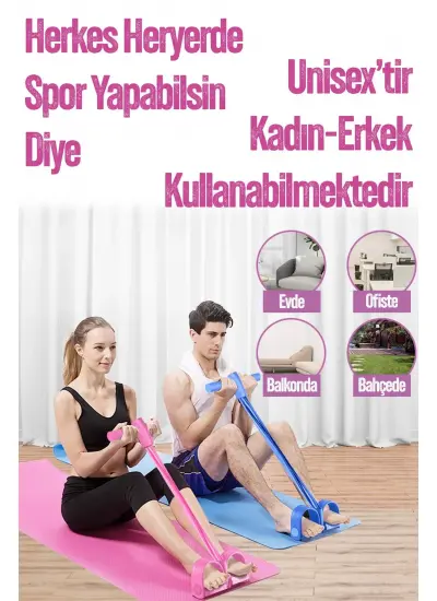 4 Lastik Body Shaper Karın Kol Jimnastik Egzersiz Mekik Çekme Evde Spor Kondisyon Kürek Aleti Pembe