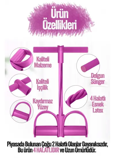 4 Lastik Body Shaper Karın Kol Jimnastik Egzersiz Mekik Çekme Evde Spor Kondisyon Kürek Aleti Pembe