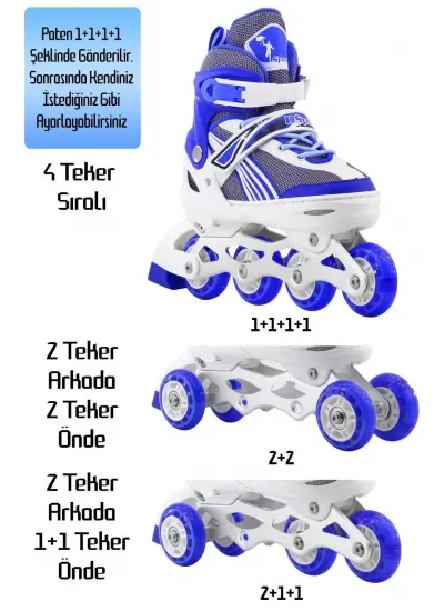 Metal Taban Paten Işıklı Ayarlanabilir Tekerli ve Bedenli Alıştırma Çocuk Genç Pateni MAVİ 8780