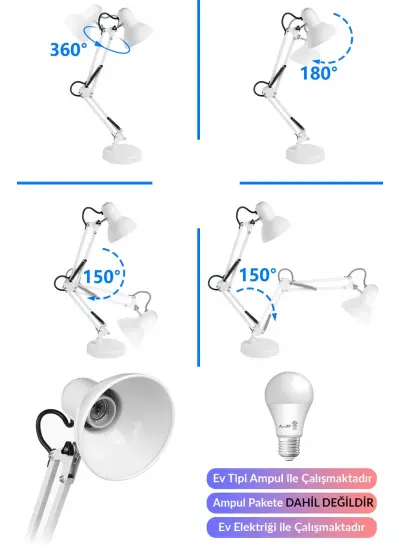 Masa Lambası Akrobat Yaylı Metal 360° Açılı Ayarlanabilir Hareketli Çalışma Masası Lambası Beyaz