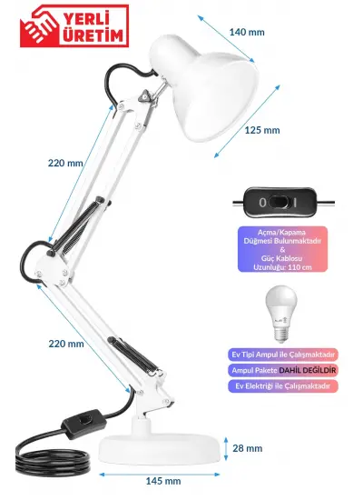 Masa Lambası Akrobat Yaylı Metal 360° Açılı Ayarlanabilir Hareketli Çalışma Masası Lambası Beyaz