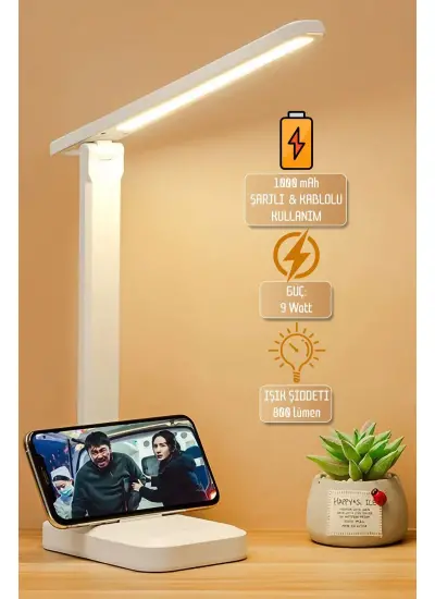 Şarjlı Masa Lambası 3 Renk Dokunmatik Telefon Standlı Kademeli Çalışma Okuma Işığı Gece Lambası 9w