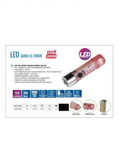 Çakarlı Ledli Şarjlı 9 UV Işıklı SOS Acil Durum Anahtarlık Mini El Feneri 130 lümen 3W 47740