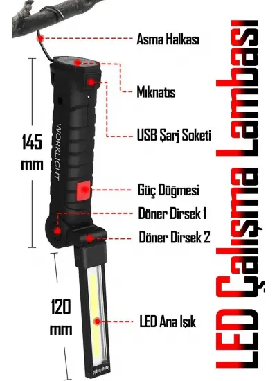 El Feneri 5 Modlu 360° LED Çalışma Işığı İş Lambası Darbeye Dayanıklı Mıknatıslı Kaportacı Feneri 3W