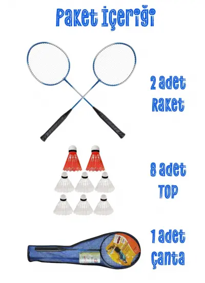 11 Parça Çantalı Set Badminton Raketi Seti 2 Raket + 8 Top + Çanta Amatör Çocuk-Genç Raket Top Seti